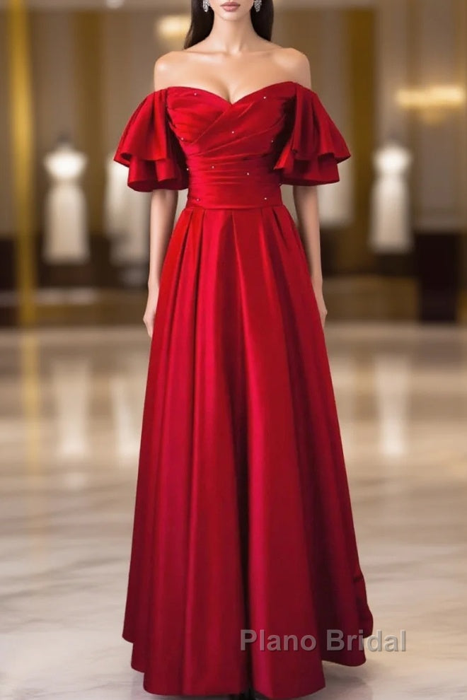 Wine Red Satin Short Sleeves Long Party Dresses, Wine Red Satin Formal Prom Dresses Main image