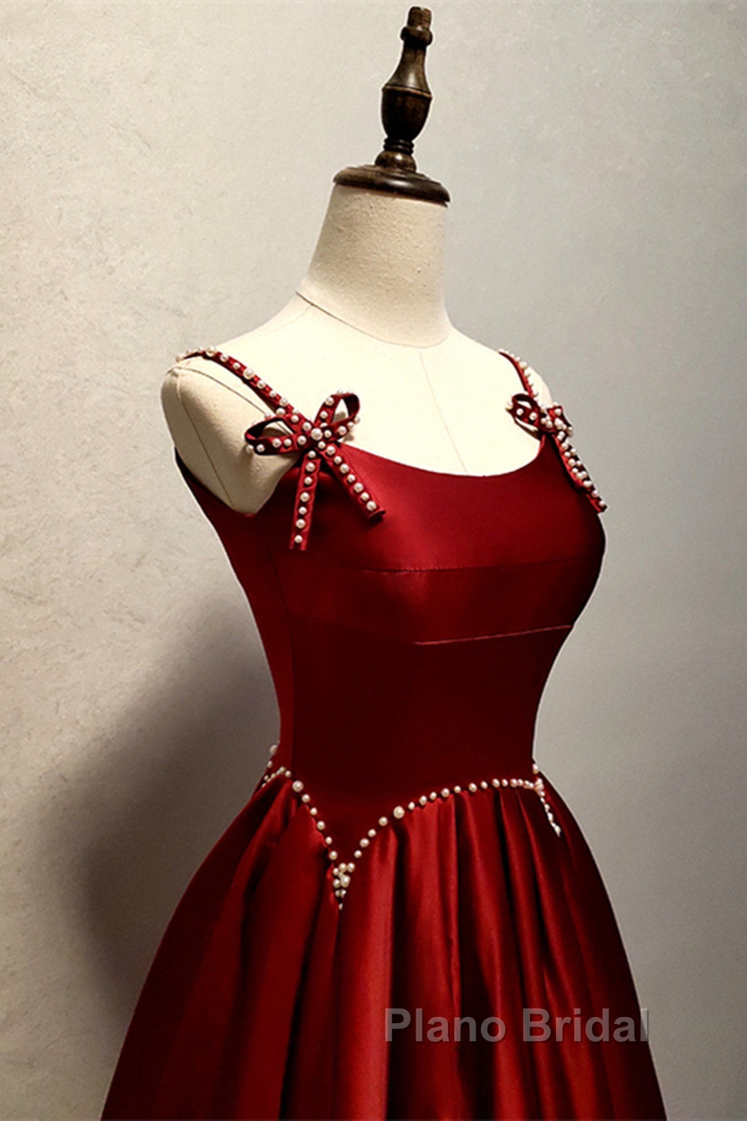 Wine Red Satin Straps Beaded Long Party Dresses, Wine Red A-Line Formal Prom Dresses