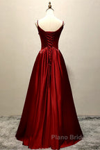 Wine Red Satin Straps Beaded Long Party Dresses, Wine Red A-Line Formal Prom Dresses