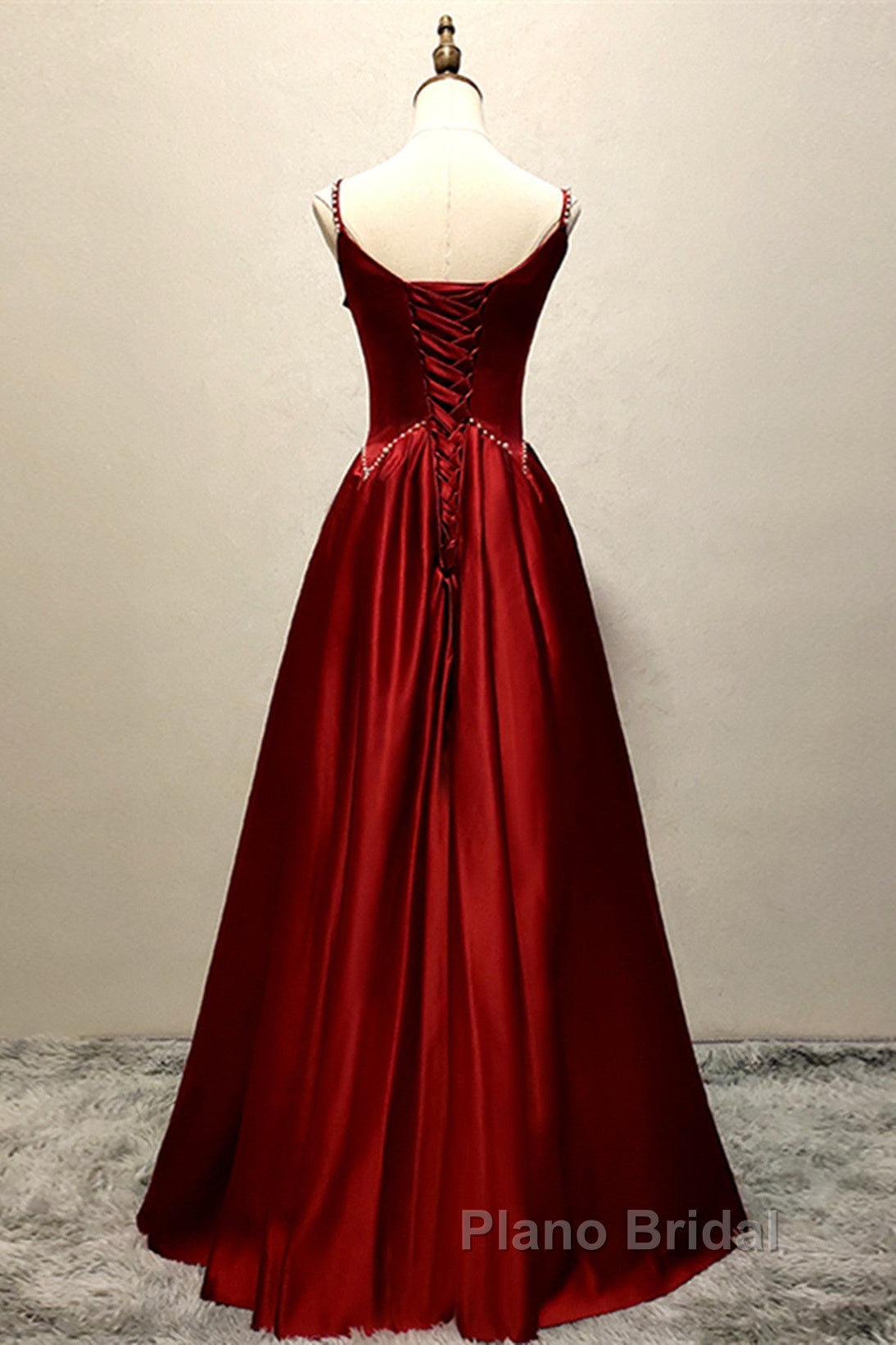 Wine Red Satin Straps Beaded Long Party Dresses, Wine Red A-Line Formal Prom Dresses