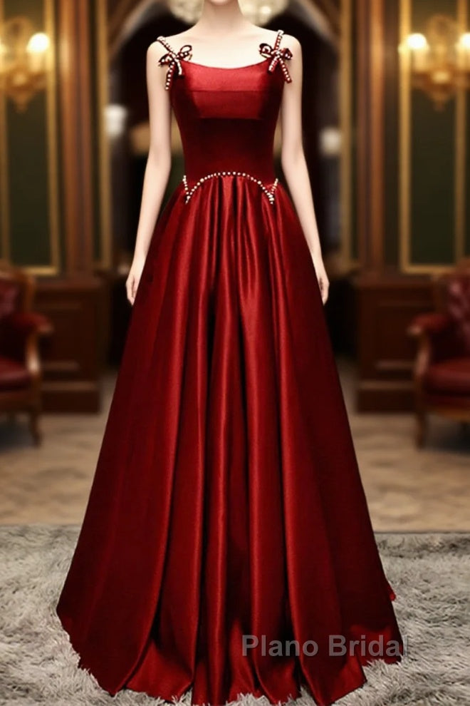 Wine Red Satin Straps Beaded Long Party Dresses, Wine Red A-Line Formal Prom Dresses