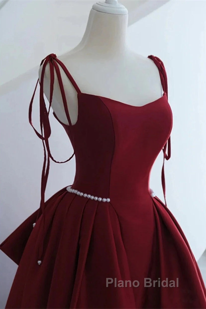 Wine Red Satin Straps Long Party Dresses, Wine Red Floor Length Formal Dresses Formal Prom Dresses