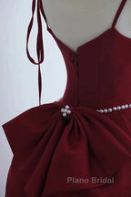Wine Red Satin Straps Long Party Dresses, Wine Red Floor Length Formal Dresses Formal Prom Dresses