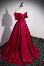 Wine Red Satin Sweetheart Long Evening Dresses, Wine Red Satin Formal Prom Dresses