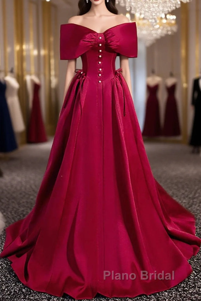Wine Red Satin Sweetheart Long Evening Dresses, Wine Red Satin Formal Prom Dresses