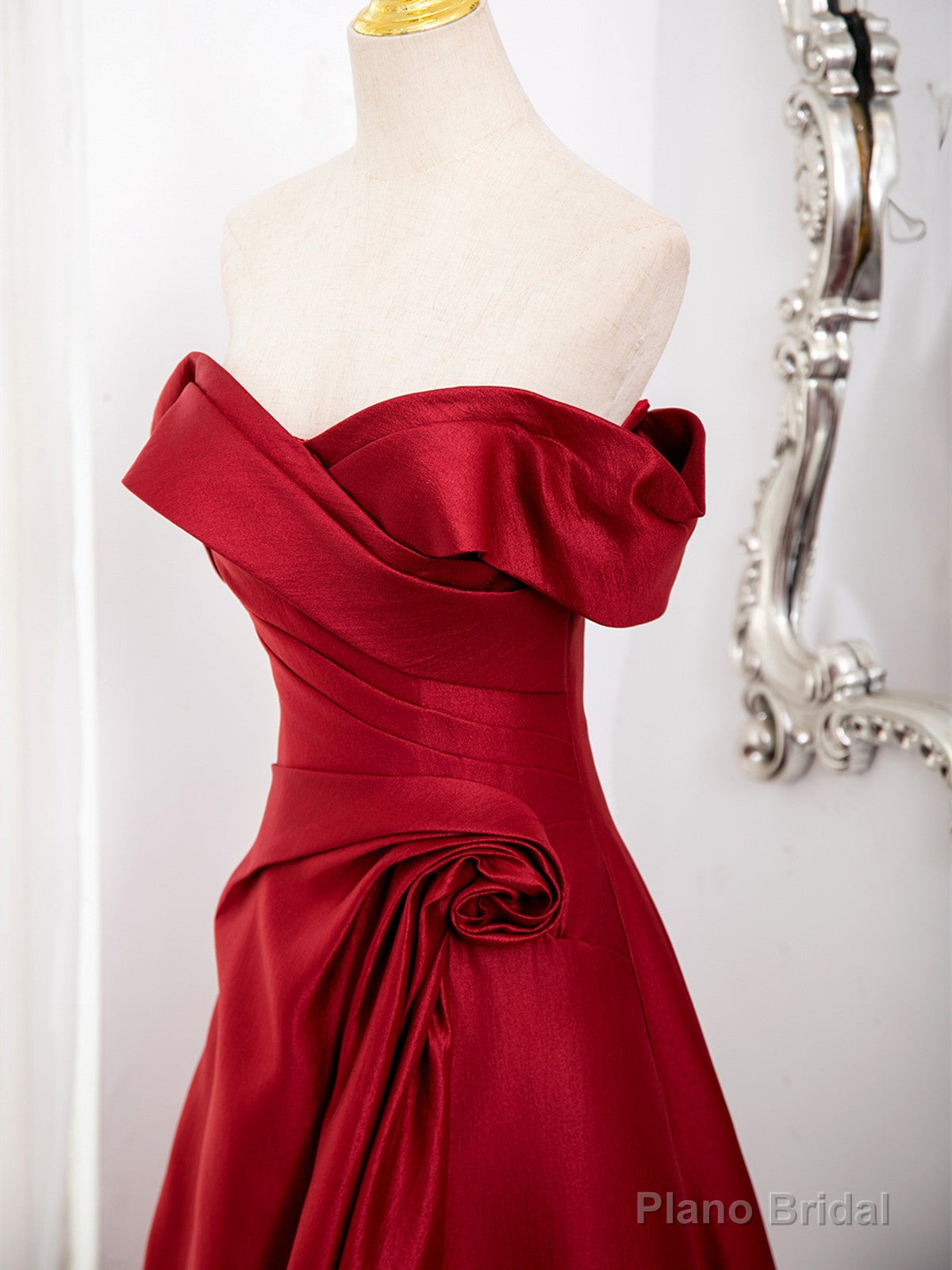 Wine Red Satin Sweetheart Off Shoulder Prom Dress, Wine Red Party Dress with Leg Slit Secondary image