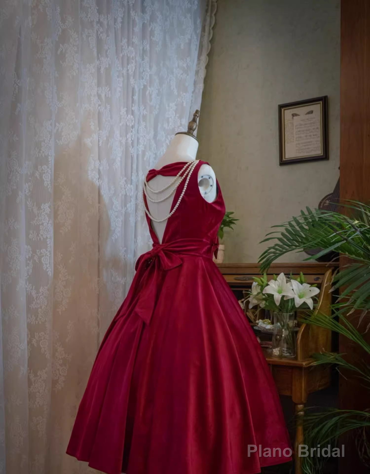 Wine Red Satin Tea Length Party Dress with Bow, Wine Red Wedding Party Dress Secondary image