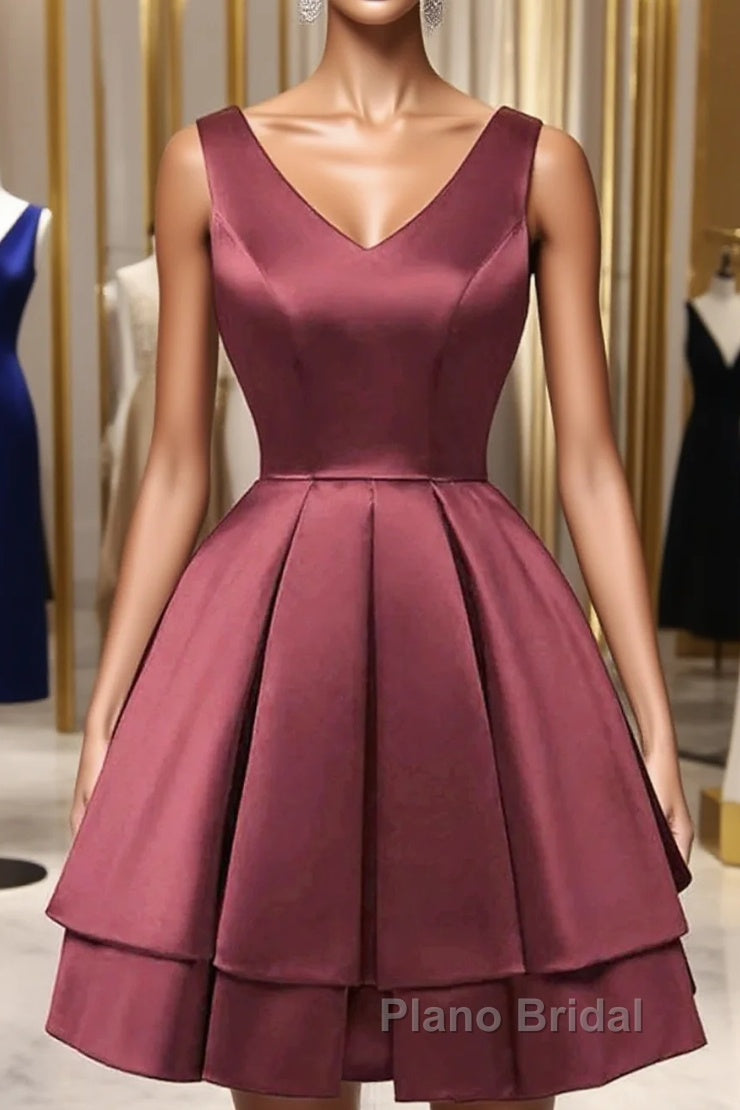 Wine Red Satin V-Neckline Short Party Dresses, Wine Red Homecoming Dresses Main image