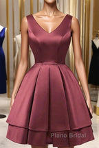 Wine Red Satin V-Neckline Short Party Dresses, Wine Red Homecoming Dresses
