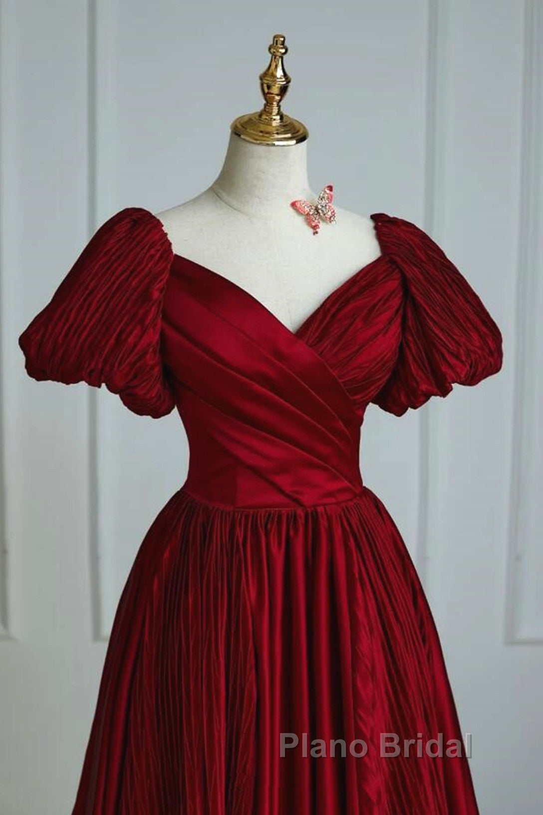 Wine Red Satin V-Neckline Short Sleeves Formal Prom Dresses, Wine Red Long Party Dresses Secondary image