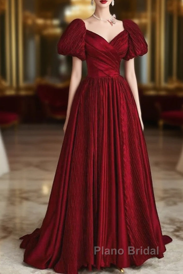 Wine Red Satin V-Neckline Short Sleeves Formal Prom Dresses, Wine Red Long Party Dresses