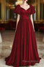 Wine Red Satin V-Neckline Short Sleeves Formal Prom Dresses, Wine Red Long Party Dresses
