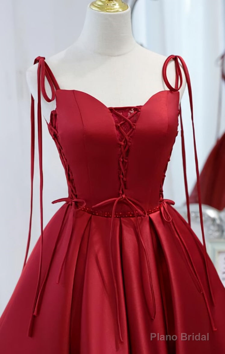 Wine Red Satin V-neckline Straps Beaded Short Prom Dress, Wine Red Party Dresses