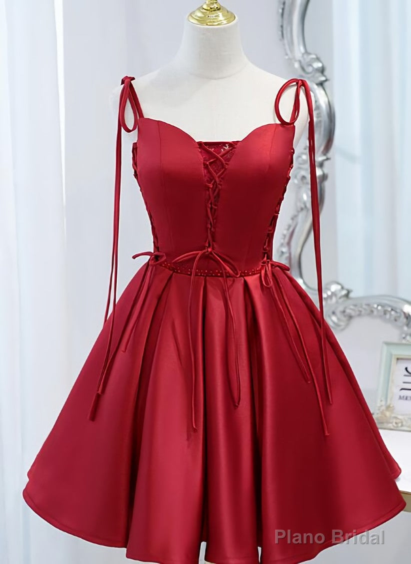 Wine Red Satin V-neckline Straps Beaded Short Prom Dress, Wine Red Party Dresses Secondary image
