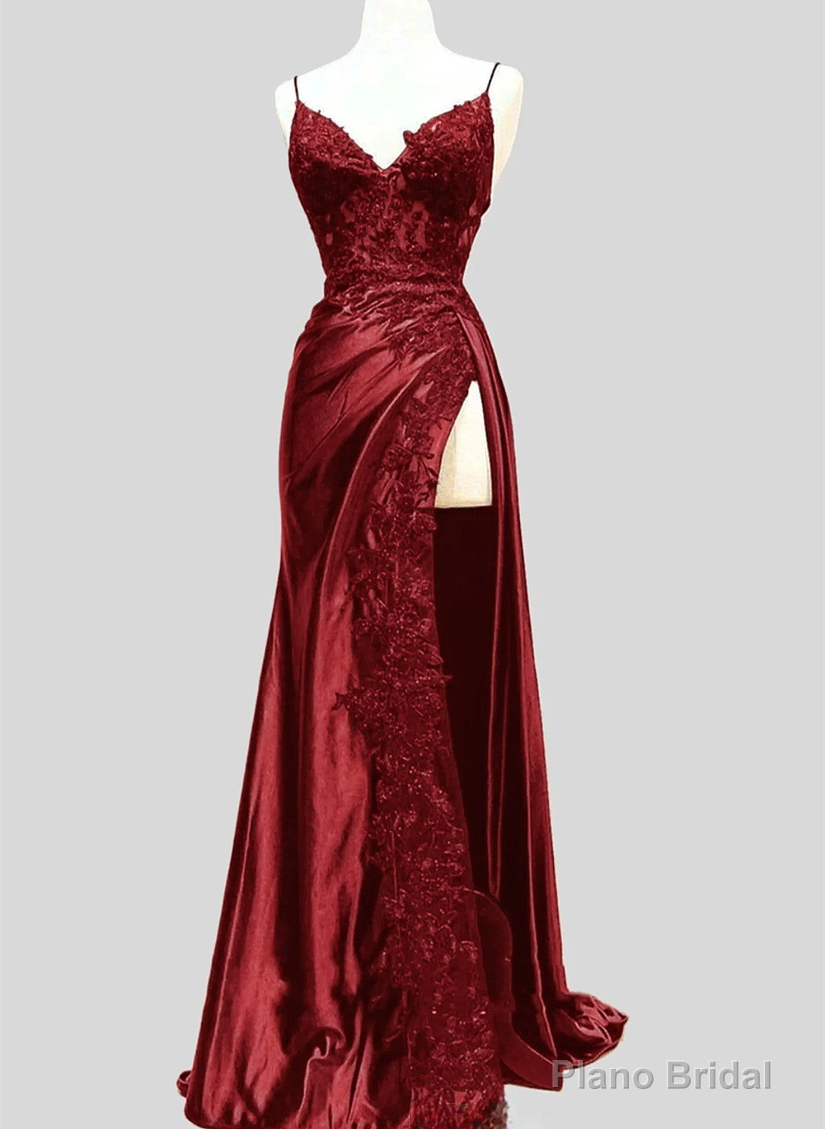 Wine Red Satin with Lace Formal Dress, Wine Red Evening Dress Prom Dress Main image