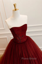 Wine Red Scoop Sweetheart Tulle Ball Gown Formal Prom Dresses, Wine Red Tulle Evening Dresses