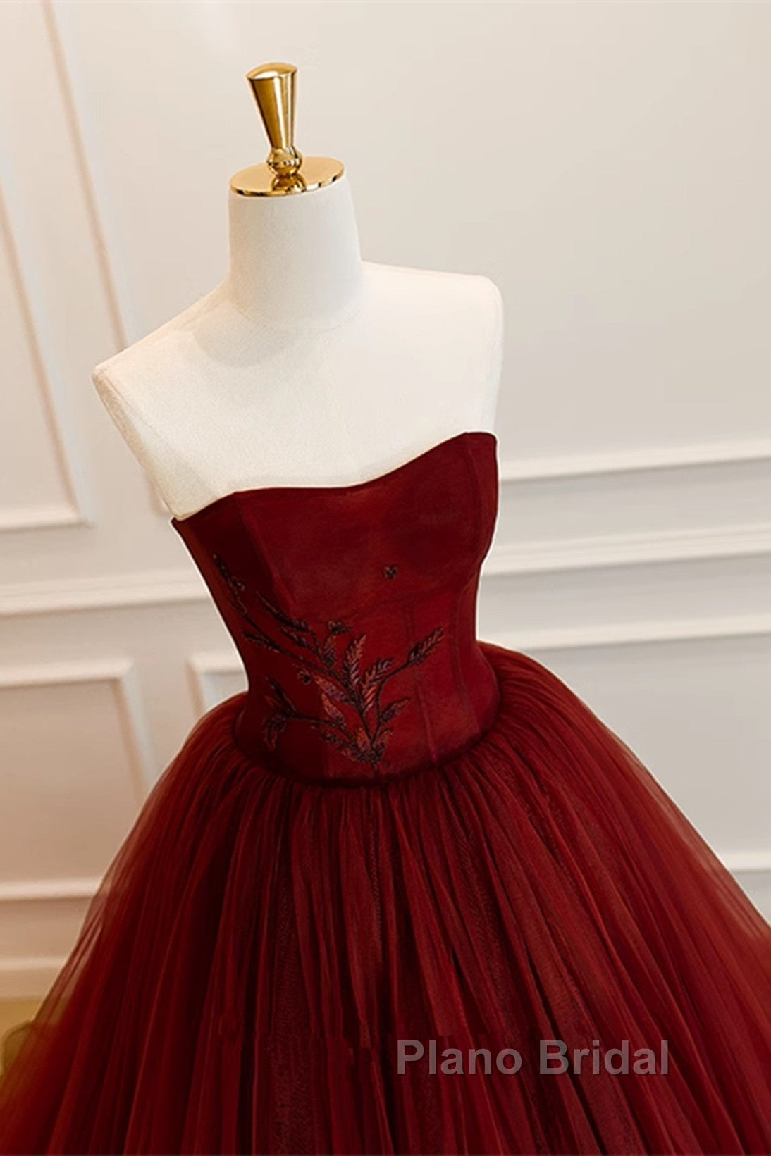 Wine Red Scoop Sweetheart Tulle Ball Gown Formal Prom Dresses, Wine Red Tulle Evening Dresses
