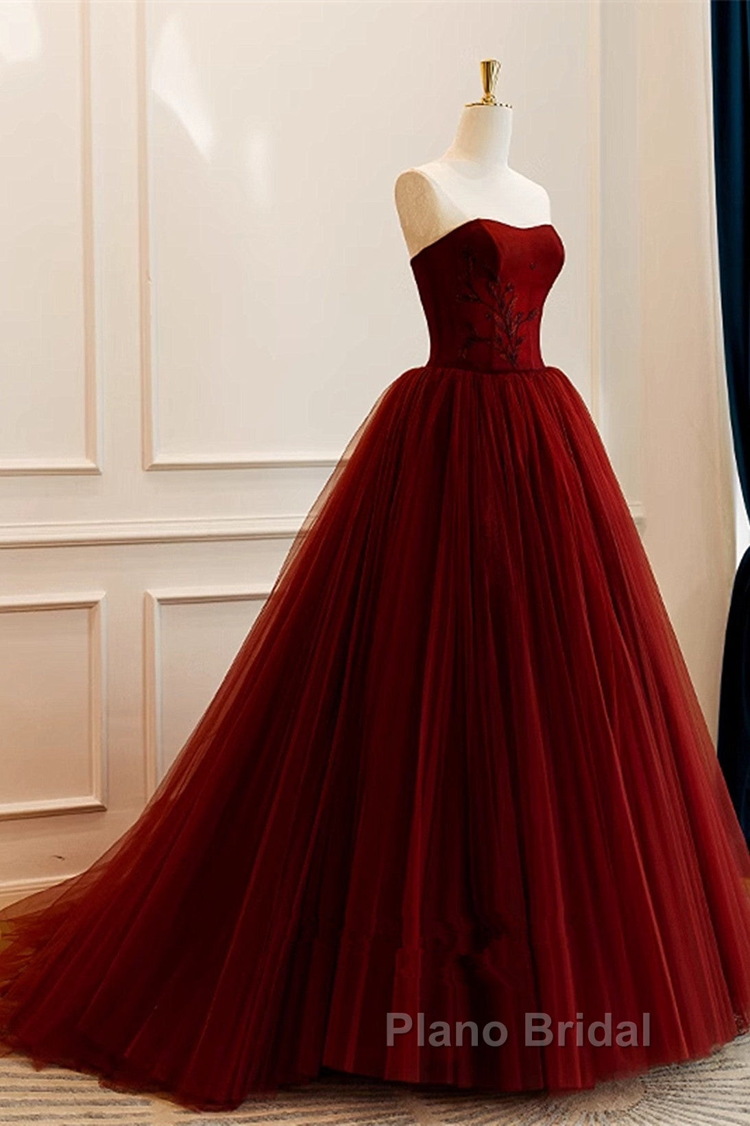 Wine Red Scoop Sweetheart Tulle Ball Gown Formal Prom Dresses, Wine Red Tulle Evening Dresses