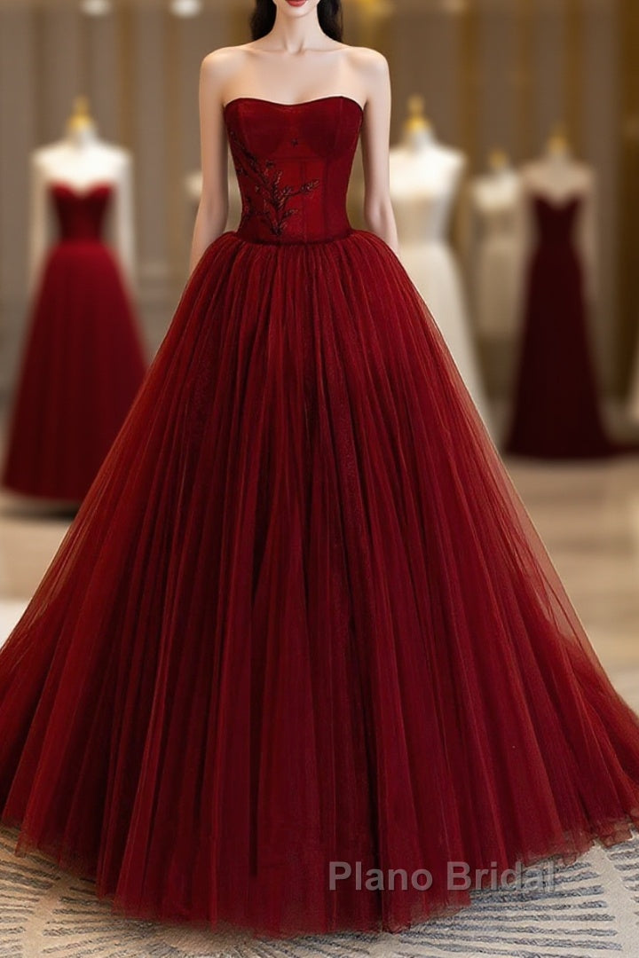 Wine Red Scoop Sweetheart Tulle Ball Gown Formal Prom Dresses, Wine Red Tulle Evening Dresses Main image