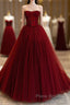 Wine Red Scoop Sweetheart Tulle Ball Gown Formal Prom Dresses, Wine Red Tulle Evening Dresses