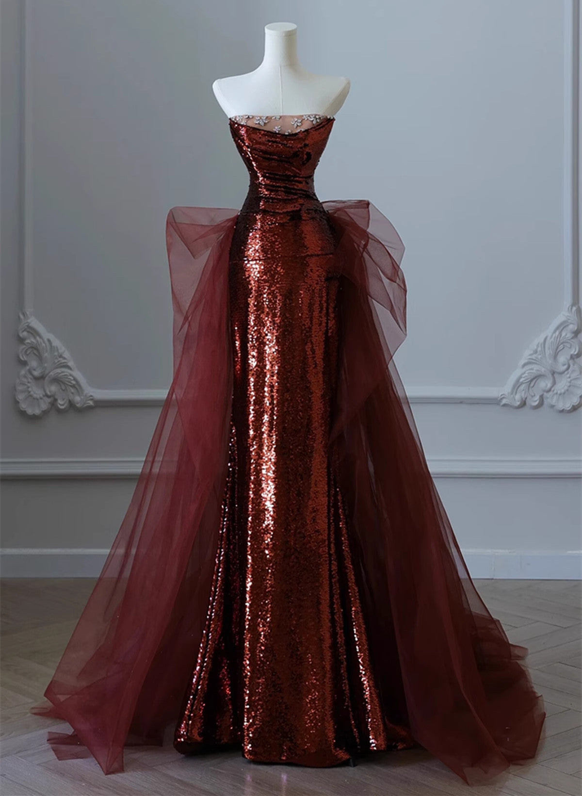 Wine Red Sequins And Tulle Beaded Long Party Dresses, Wine Red Formal Evening Dresses Main image