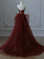 Wine Red Sequins And Tulle Beaded Long Party Dresses, Wine Red Formal Evening Dresses