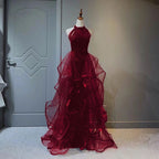 Wine Red Sequins And Tulle Halter Long Formal Prom Dresses, Wine Red Formal Evening Dresses