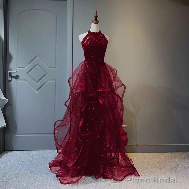 Wine Red Sequins and Tulle Halter Long Prom Dress, Wine Red Evening Dress Secondary image