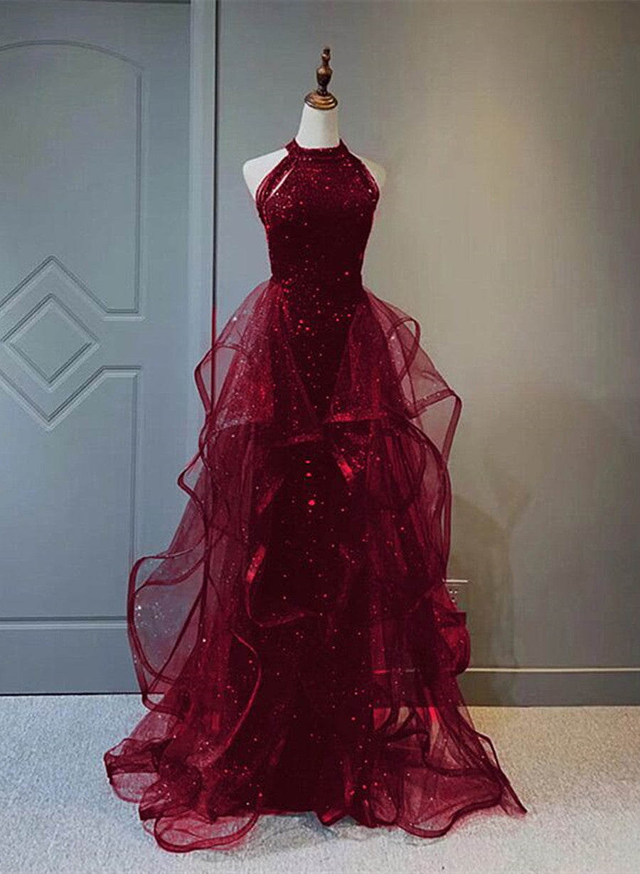 Wine Red Sequins And Tulle Halter Long Formal Prom Dresses, Wine Red Formal Evening Dresses