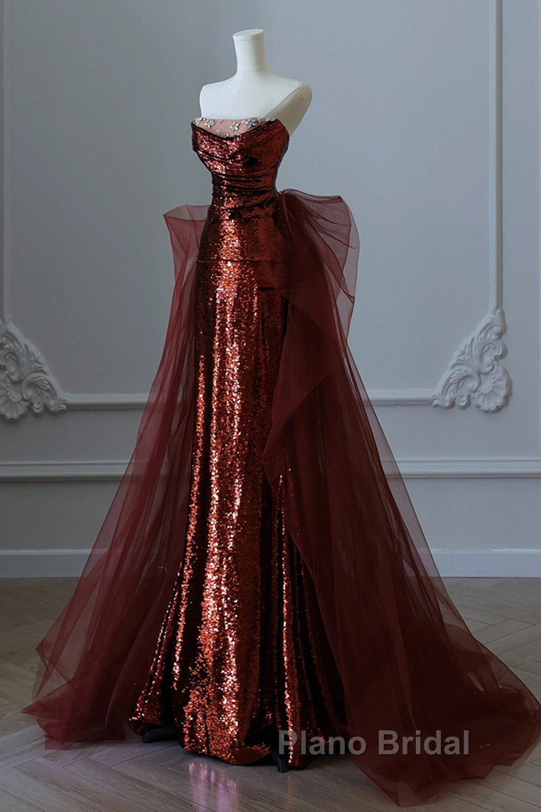 Wine Red Sequins And Tulle Long Formal Dresses, Wine Red Formal Prom Dresses