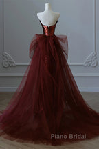 Wine Red Sequins And Tulle Long Formal Dresses, Wine Red Formal Prom Dresses