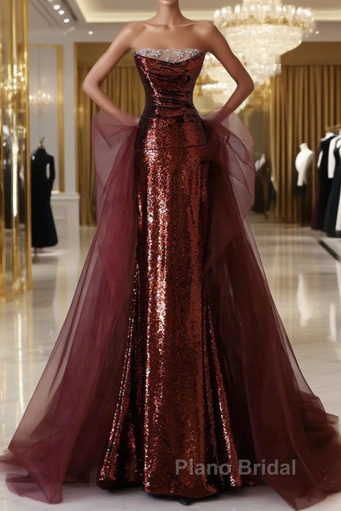 Wine Red Sequins And Tulle Long Formal Dresses, Wine Red Formal Prom Dresses