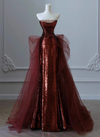 Wine Red Sequins And Tulle Long Party Dresses, Wine Red Formal Evening Dresses Formal Prom Dresses