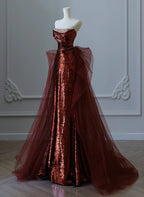 Wine Red Sequins And Tulle Long Party Dresses, Wine Red Formal Evening Dresses Formal Prom Dresses