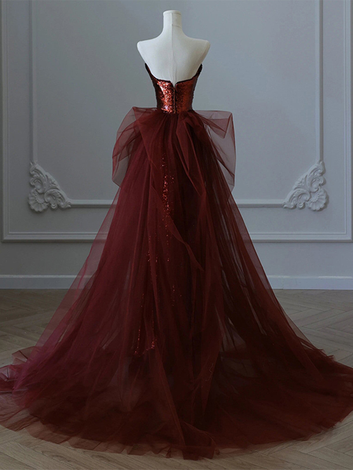 Wine Red Sequins And Tulle Long Party Dresses, Wine Red Formal Evening Dresses Formal Prom Dresses
