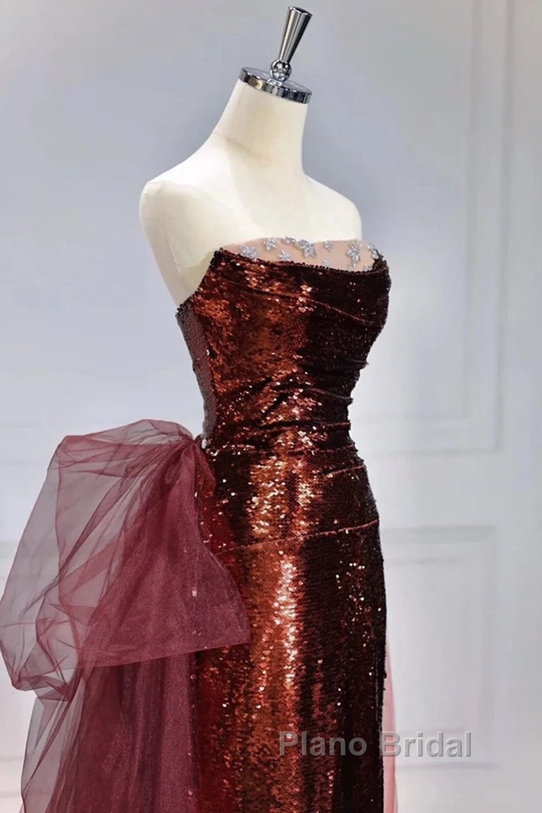 Wine Red Sequins Long Party Dresses With Tulle, Wine Red Long Formal Dresses Formal Prom Dresses Secondary image