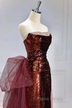 Wine Red Sequins Long Party Dresses With Tulle, Wine Red Long Formal Dresses Formal Prom Dresses