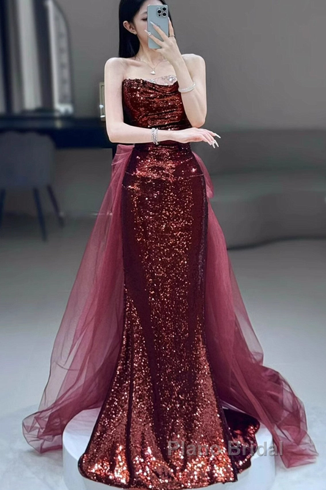 Wine Red Sequins Long Party Dresses With Tulle, Wine Red Long Formal Dresses Formal Prom Dresses