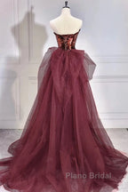 Wine Red Sequins Long Party Dresses With Tulle, Wine Red Long Formal Dresses Formal Prom Dresses