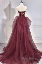Wine Red Sequins Long Party Dresses With Tulle, Wine Red Long Formal Dresses Formal Prom Dresses