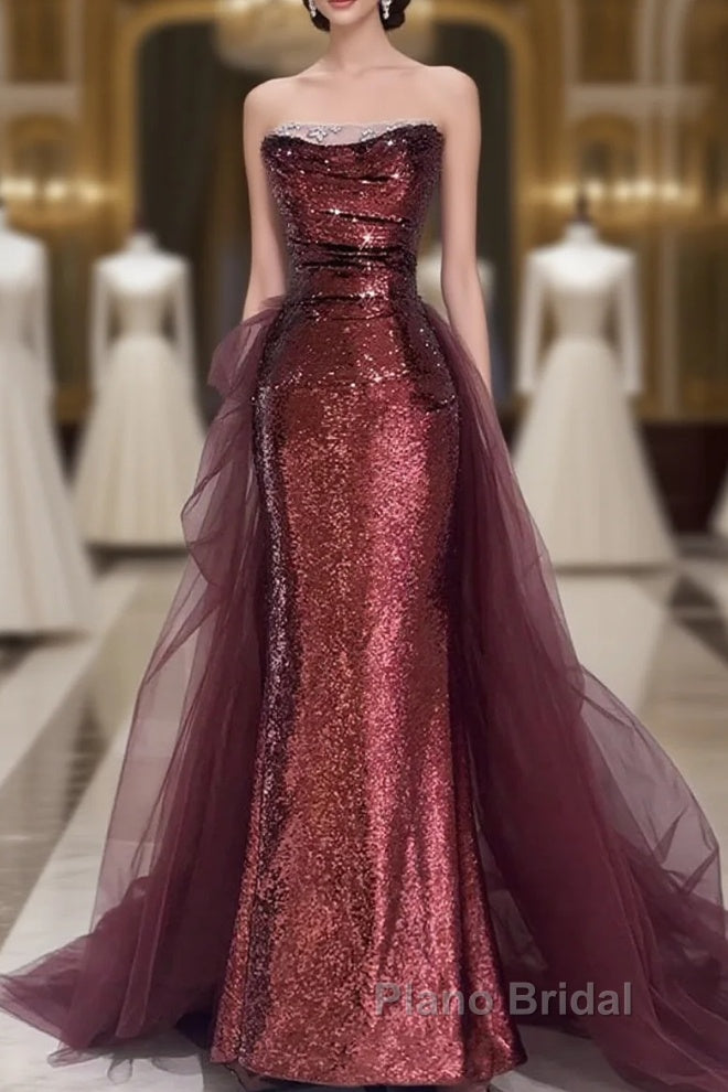 Wine Red Sequins Long Party Dresses With Tulle, Wine Red Long Formal Dresses Formal Prom Dresses