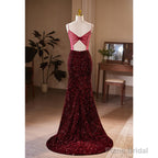Wine Red Sequins Mermaid Long Formal Dress, Wine Red Evening Dress Party Dress