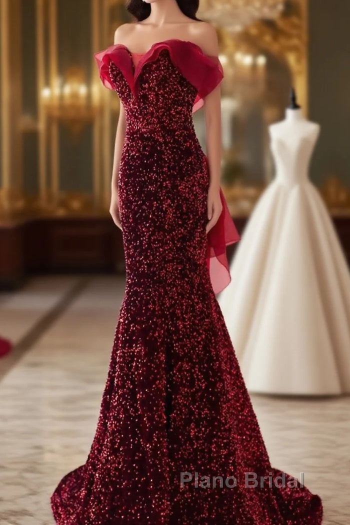 Wine Red Sequins Mermaid Long Party Dresses, Off Shoulder Sweetheart Formal Prom Dresses Main image