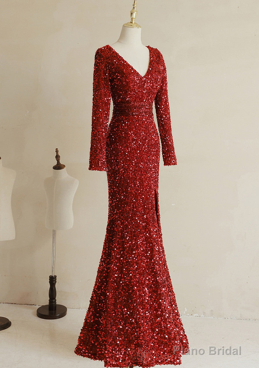 Wine Red Sequins Mermaid Long Sleeves Party Dress, Wine Red Long Wedding Party Dress Main image
