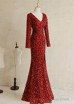 Wine Red Sequins Mermaid Long Sleeves Party Dress, Wine Red Long Wedding Party Dress
