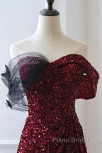 Wine Red Sequins Off Shoulder Long Party Dresses, A-Line Sequins Formal Prom Dresses