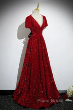 Wine Red Sequins V-Neckline Short Sleeves Party Dresses, Wine Red Evening Dresses
