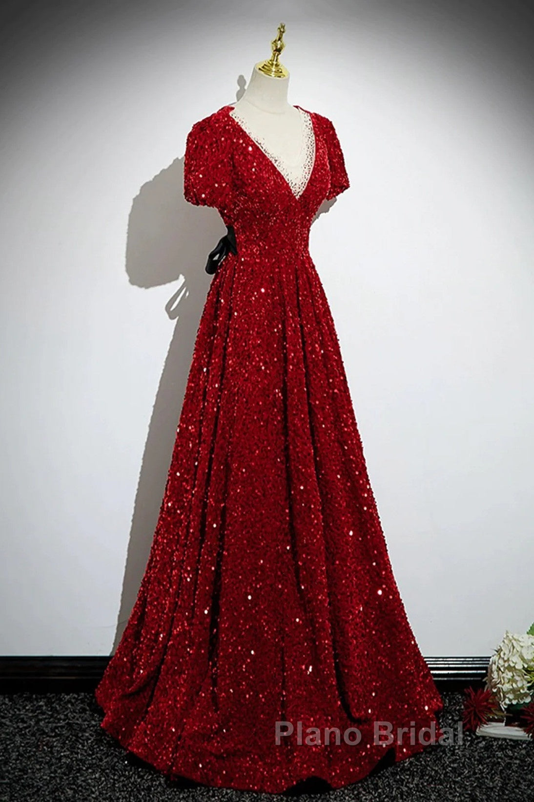 Wine Red Sequins V-Neckline Short Sleeves Party Dresses, Wine Red Evening Dresses