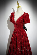 Wine Red Sequins V-Neckline Short Sleeves Party Dresses, Wine Red Evening Dresses