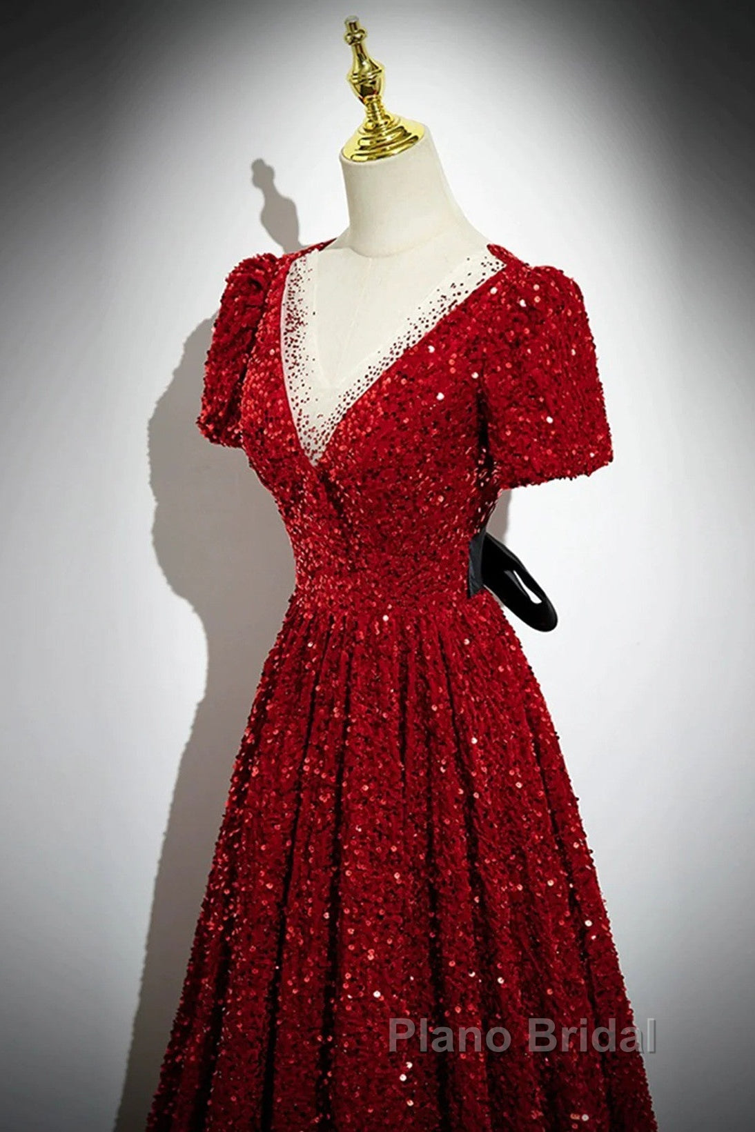Wine Red Sequins V-Neckline Short Sleeves Party Dresses, Wine Red Evening Dresses